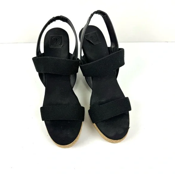 TORY BURCH Solid Black Two Band Canvas Espadrille Wedge Platform Sandals Sz 10.5 - Picture 3 of 9